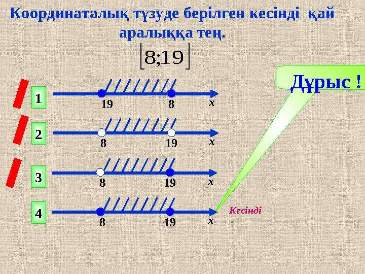 19;8 Дұрыс ! 1 2 4 3 19 8 х 8 19 х 8 19 х 8 19 х Кесінді Координаталық түзуде берілген кесінді қай аралыққа тең.