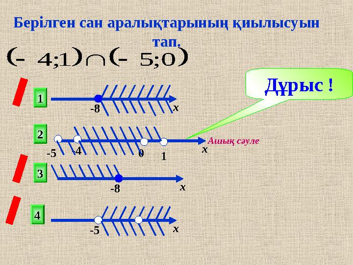 2 1 3 4 Дұрыс ! -8 х -8 х -5 х -5 х 0;51;4  Ашық сәуле Берілген сан аралықтарының қиылысуын тап. -4 01