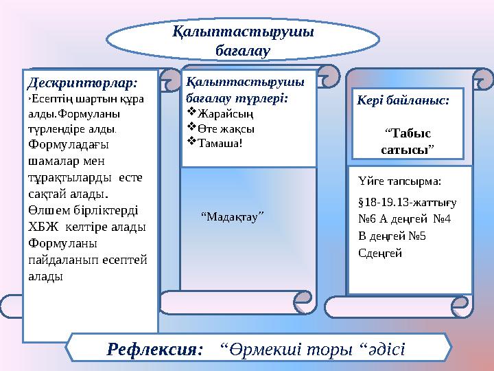 Дескрипторлар: * Есептің шартын құра алды.Формуланы түрлендіре алды . Формуладағы шамалар мен тұрақтыларды есте сақтай ал