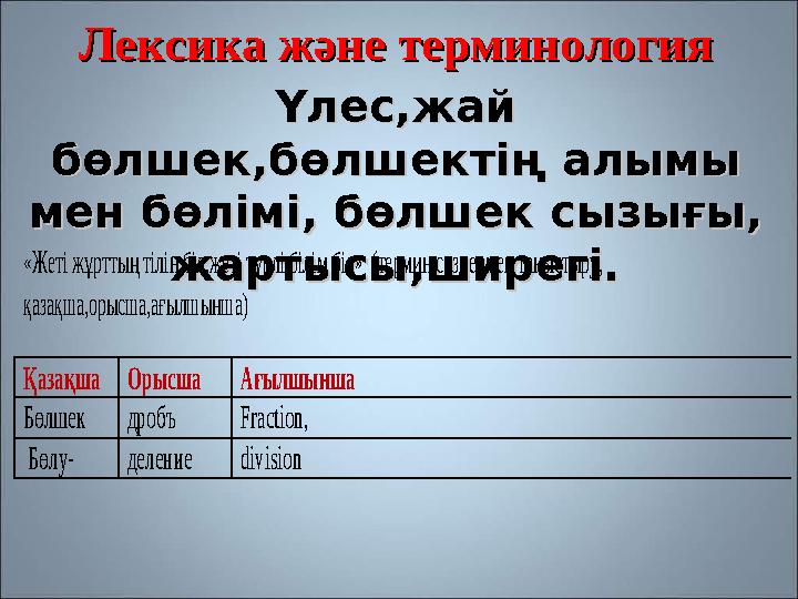 Лексика және терминологияЛексика және терминология Үлес,жай Үлес,жай бөлшек,бөлшектің алымы бөлшек,бөлшектің алымы мен бөлімі,