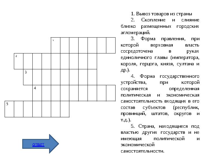 1 2 3 4 5 1. Вывоз товаров из страны 2. Скопление и слияние близко размещенных городских агломераций. 3. Форма правления, при