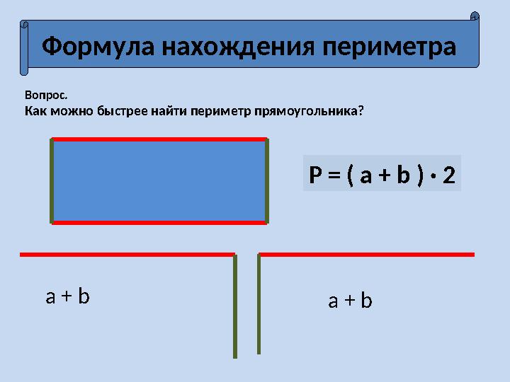 Формула нахождения периметра Вопрос. Как можно быстрее найти периметр прямоугольника? a + b a + bP = ( a + b ) · 2