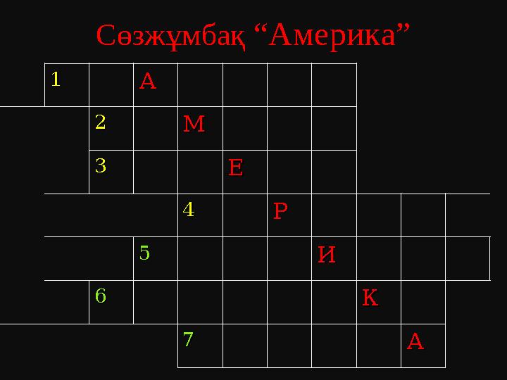 11 АА 22 ММ 33 ЕЕ 44 РР 55 ИИ 66 КК 77 АА Сөзжұмбақ “Америка”