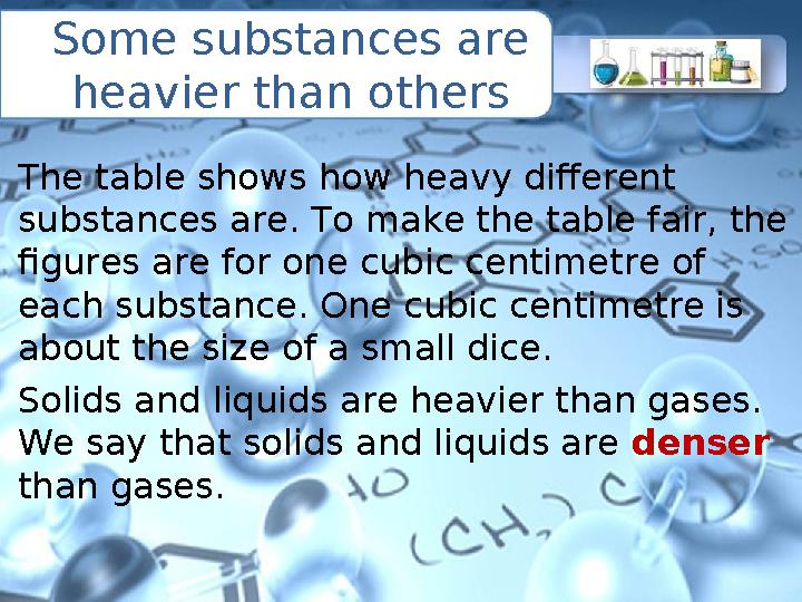 Some substances are heavier than others The table shows how heavy different substances are. To make the table fair, the figur