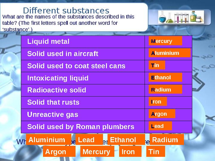What different types of materials are there? Liquid metal Solid used in aircraft Solid used to coat steel cans Intoxicat