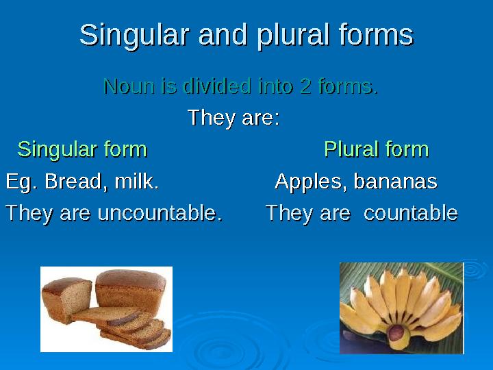 Singular and plural formsSingular and plural forms Noun is divided into 2 forms.Noun is di