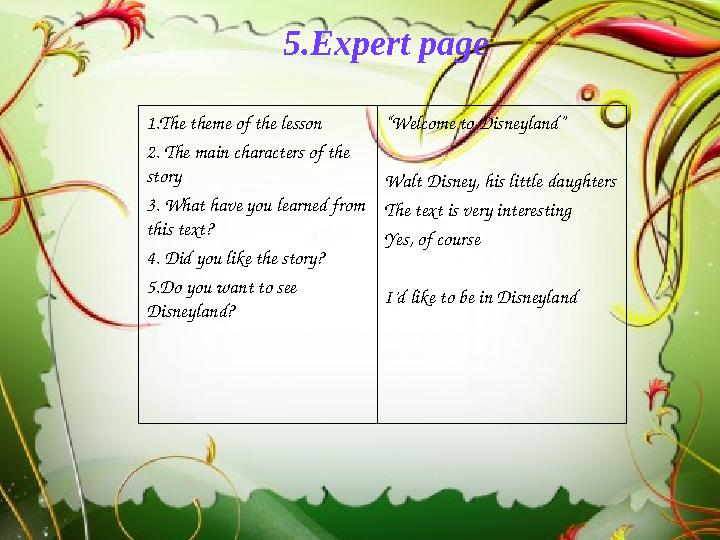 5.Expert page 1.The theme of the lesson 2. The main characters of the story 3. What have you learned from this text? 4. Did