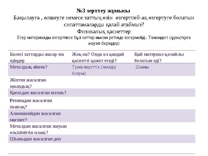 №3 зерттеу жұмысы Бақылауға , өлшеуге немесе заттың өзін өзгертпей-ақ өзгертуге болатын сипаттамаларды қалай атаймыз? Физикал