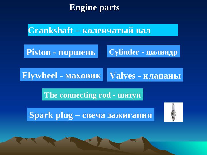 Engine parts Crankshaft – коленчатый вал P iston - поршень V alves - клапаныCylinder - цилиндр F lywheel - маховик S park plug