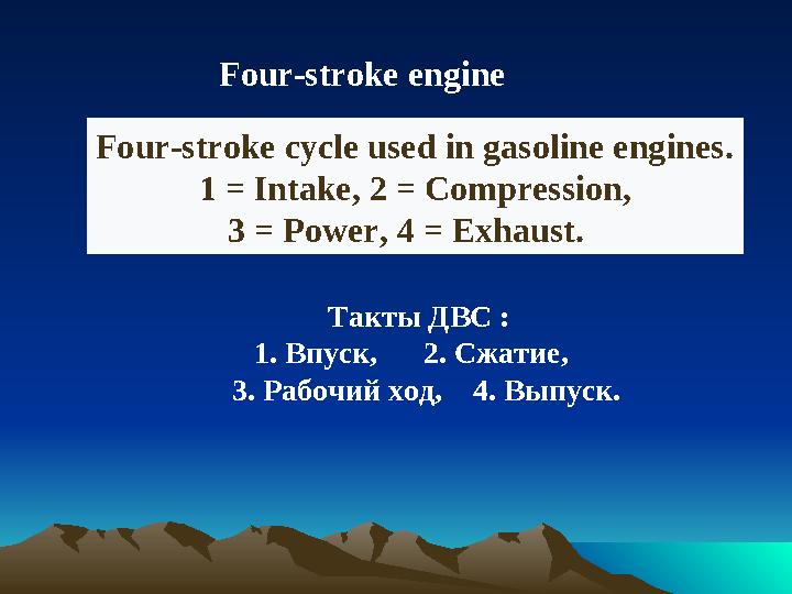 F our-stroke engine Four-stroke cycle used in gasoline engines. 1 = Intake, 2 = Compression, 3 = Power, 4 = Exhaust. Такты