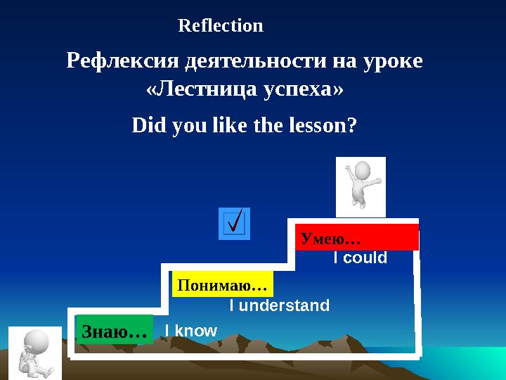 Reflection Did you like the lesson?Рефлексия деятельности на уроке «Лестница успеха» Знаю… Понимаю… Умею… I know I understand