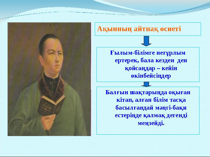 Ақынның айтпақ өсиеті Ғылым-білімге неғұрлым ертерек, бала кезден ден қойсаңдар – кейін өкінбейсіңдер Балғын шақтарыңда оқығ
