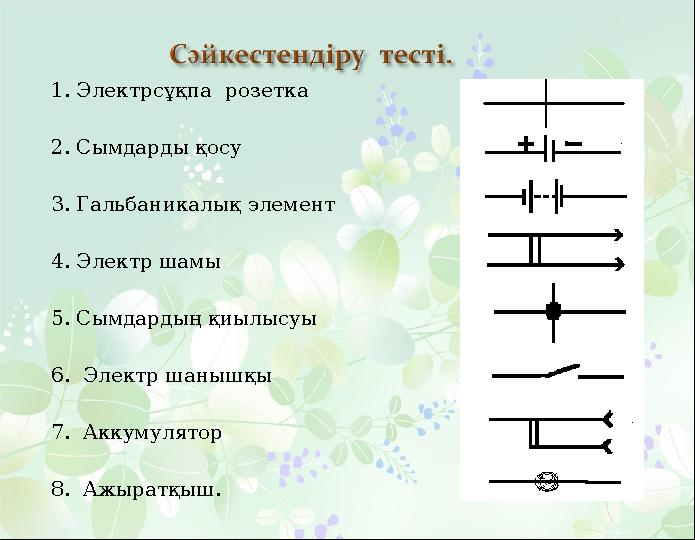 1. Электрсұқпа рoзетка 2. Сымдарды қосу 3. Гальбаникалық элемент 4. Электр шамы 5. Сымдардың қиылысуы 6. Электр шанышқы 7. Ак