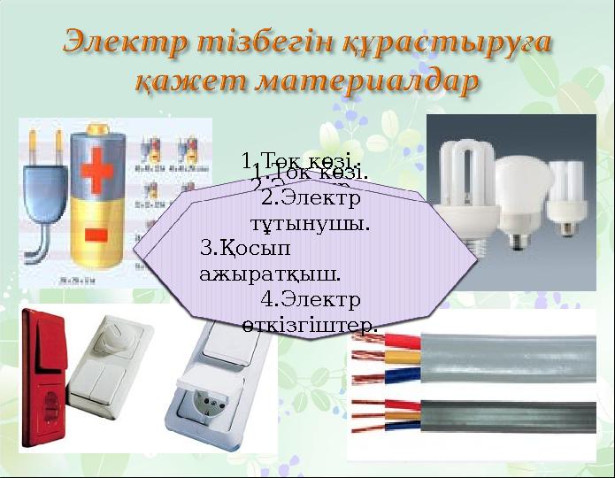 1.Ток көзі. 2.Электр тұтынушы. 3.Қосып ажыратқыш. 4.Электр өткізгіштер. 1.Ток көзі. 2.Электр тұтынушы. 3.Қосып ажыратқыш. 4