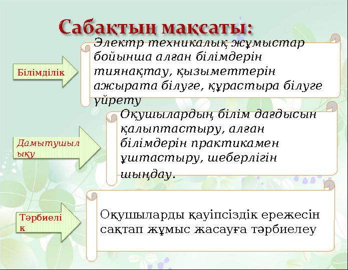 Оқушыларды қауіпсіздік ережесін сақтап жұмыс жасауға тәрбиелеу Оқушылардың білім дағдысын қалыптастыру, алған білімдерін прак
