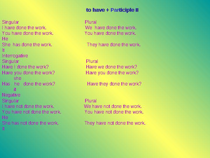 to have + Participle IIto have + Participle II Singular Plural I have done