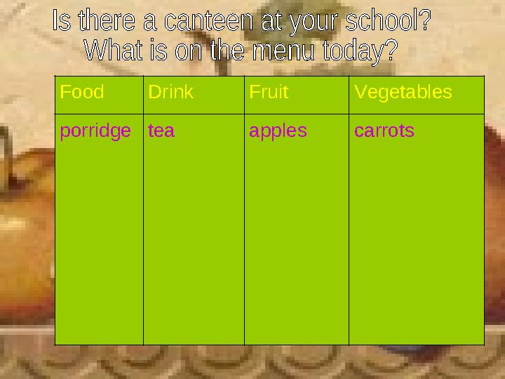 Food Drink Fruit Vegetables porridgetea apples carrots