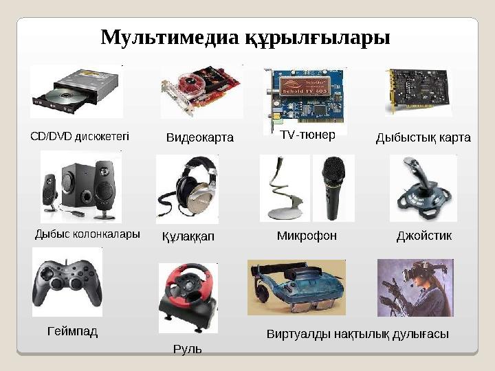 Мультимедиа құрылғылары CD/DVD дискжетегі Видеокарта TV-тюнер Дыбыстық карта Дыбыс колонкалары Құлаққап Микрофон Джойстик Геймп