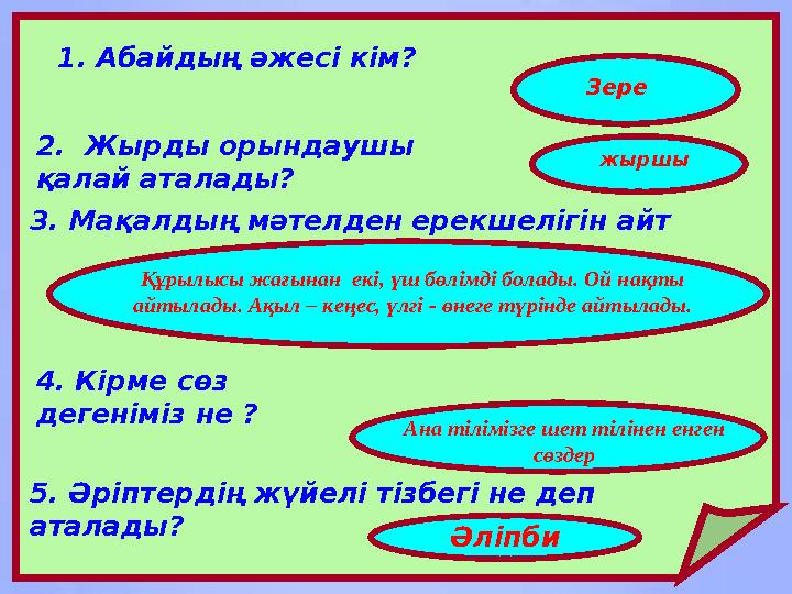 1. Абайдың әжесі кім? Зере 2. Жырды орындаушы қалай аталады? жыршы 3. Мақалдың мәтелден ерекшелігін айт Құрылысы жағынан екі,