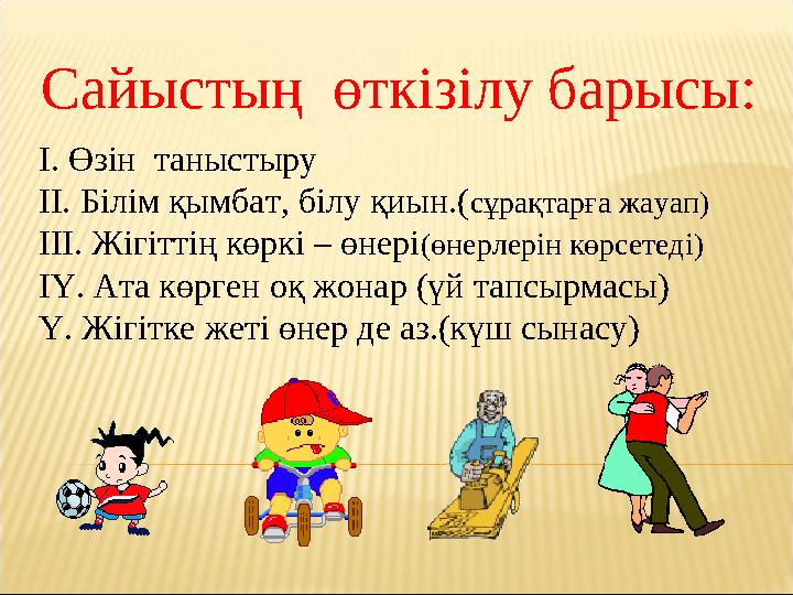 Сайыстың өткізілу барысы: І. Өзін таныстыру ІІ. Білім қымбат, білу қиын.(сұрақтарға жауап) ІІІ. Жігіттің көркі – өнері(өнерлер