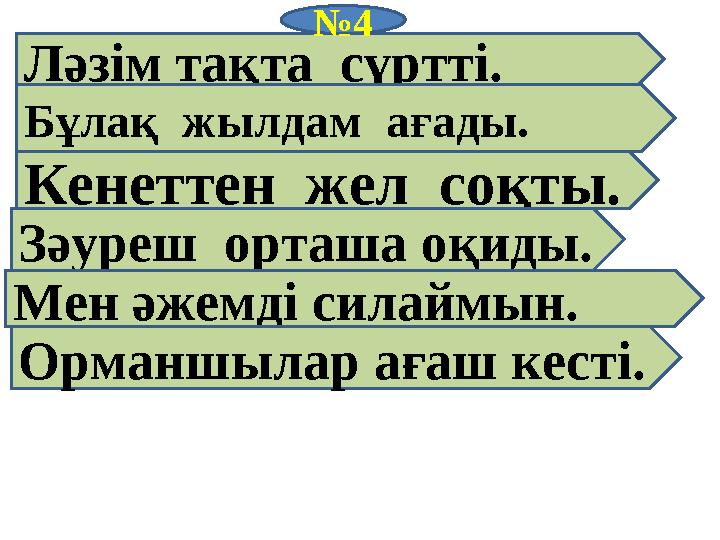 Ләзім тақта сүртті. Бұлақ жылдам ағады. Кенеттен жел соқты. Зәуреш орташа оқиды. №4 Мен әжемді силаймын. Орманшылар ағаш к