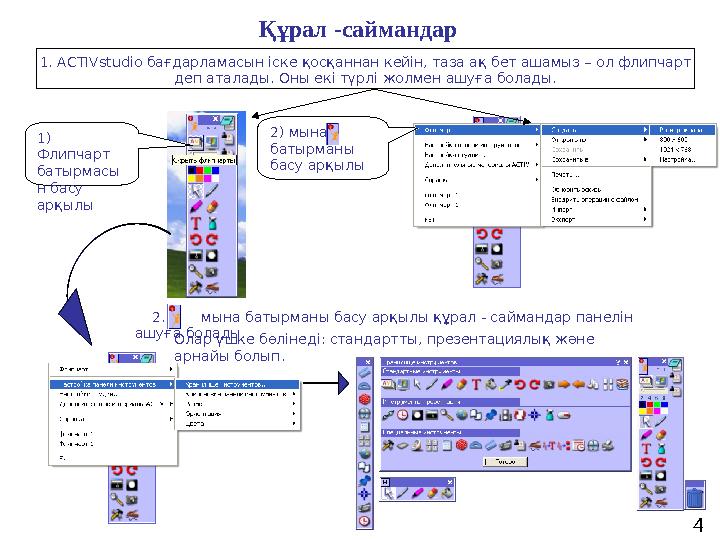 1. ACTIVstudio бағдарламасын іске қосқаннан кейін, таза ақ бет ашамыз – ол флипчарт деп аталады. Оны екі түрлі жолмен ашуға бол