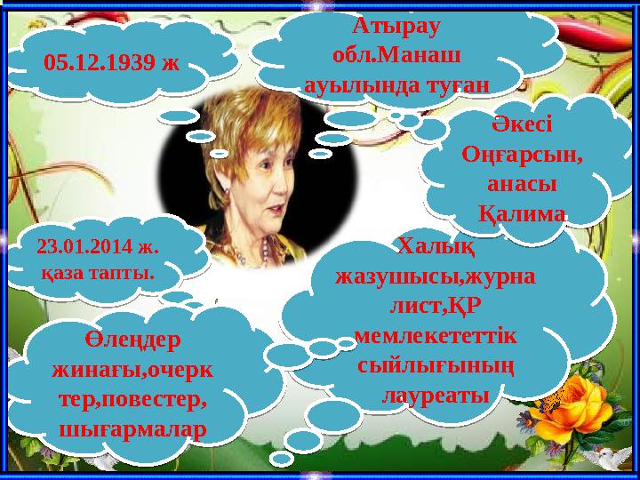 05.12.1939 ж Атырау обл.Манаш ауылында туған Халық жазушысы,журна лист,ҚР мемлекететтік сыйлығының лауреаты23 .01.2014 ж.