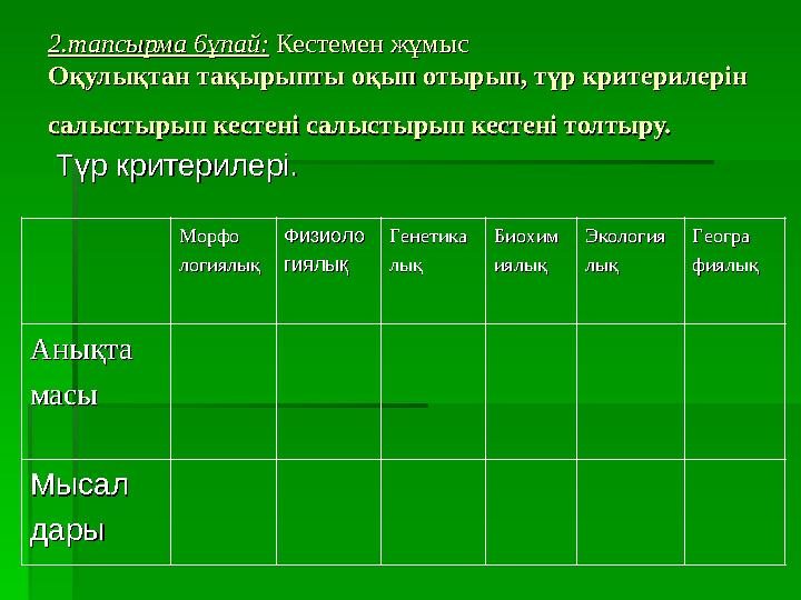 2.тапсырма 6ұпай:2.тапсырма 6ұпай: Кестемен жұмыс Кестемен жұмыс Оқулықтан тақырыпты оқып отырып, түр критерилерін Оқулықтан т