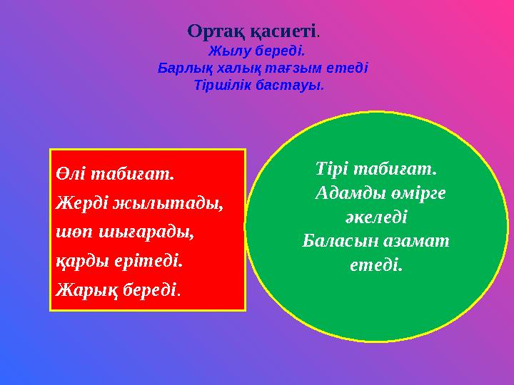 Ортақ қасиеті . Жылу береді. Барлық халық тағзым етеді Тіршілік бастауы. Өлі табиғат. Жерді жылытады, шөп шығарады, қард