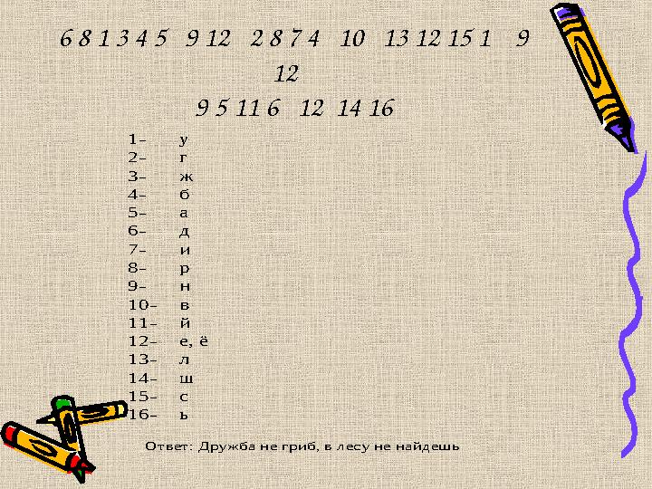 6 8 1 3 4 5 9 12 2 8 7 4 10 13 12 15 1 9 12 9 5 11 6 12 14 16 1- у 2- г 3- ж 4- б 5- а 6- д 7- и 8- р
