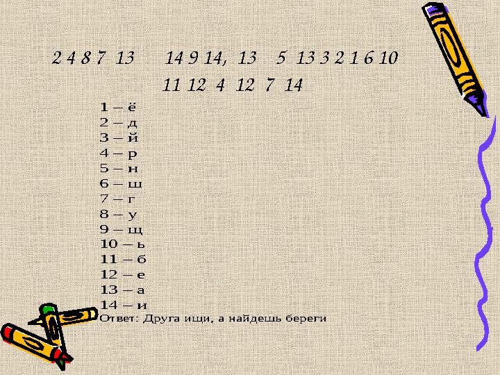 2 4 8 7 13 14 9 14, 13 5 13 3 2 1 6 10 11 12 4 12 7 14 1 – ё 2 – д 3 – й 4 – р 5 – н 6 – ш 7 – г 8 – у