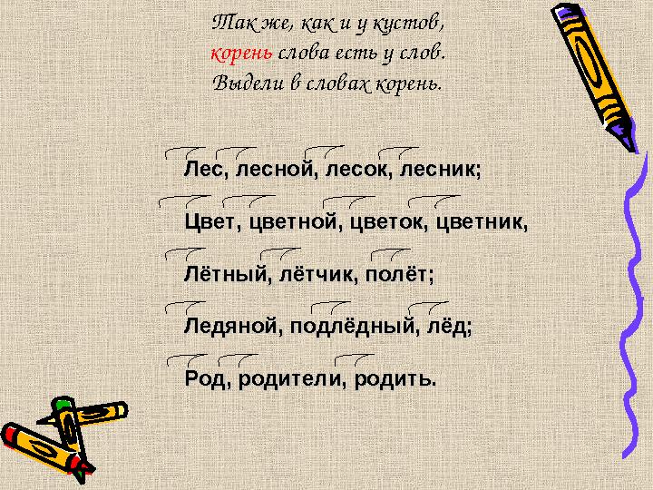 Так же, как и у кустов, корень слова есть у слов. Выдели в словах корень. Лес, лесной, лесок, лесник;Лес, лесной, лесок, лесник;