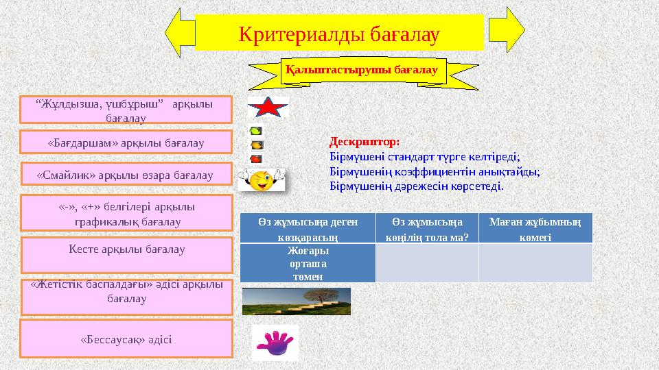 Критериалды бағалау “ Жұлдызша, үшбұрыш” арқылы бағалау «Бағдаршам» арқылы бағалау «-», «+» белгілері арқылы графикалық ба