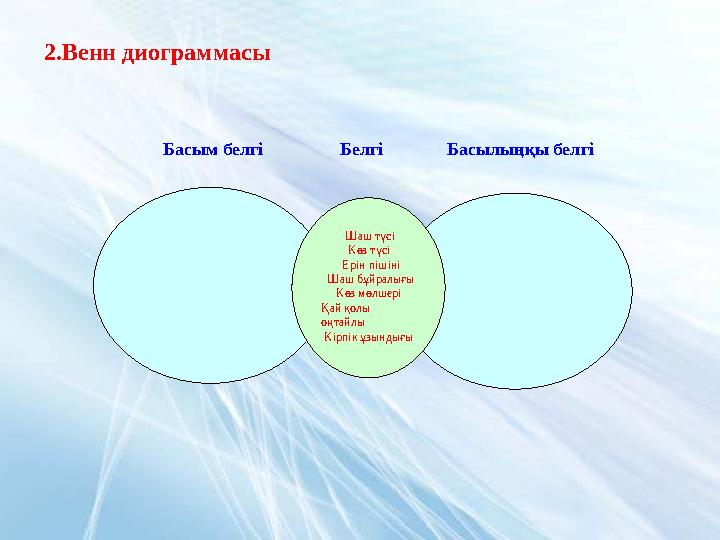 2.Венн диограммасы Шаш түсі Көз түсі Ерін пішіні Шаш бұйралығы Көз мөлшері Қай қолы
