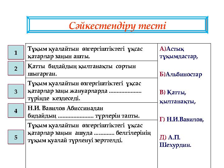 Тұқым қуалайтын өзгергіштіктегі ұқсас қатарлар заңын ашты. А)Астық тұқымдастар, Б)Альбиностар В) Қатты, қылтанақты, Г) Н.И.