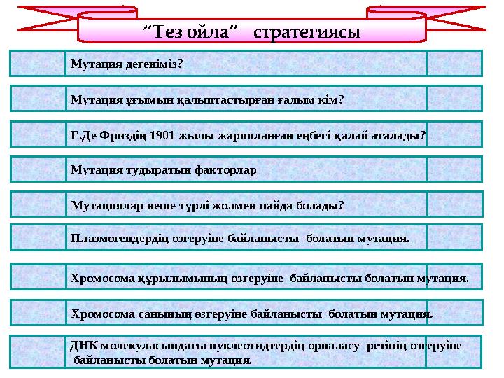 “Тез ойла” стратегиясы Мутация дегеніміз? Мутация ұғымын қалыптастырған ғалым кім? Г.Де Фриздің 1901 жылы жарияланған еңбегі қ
