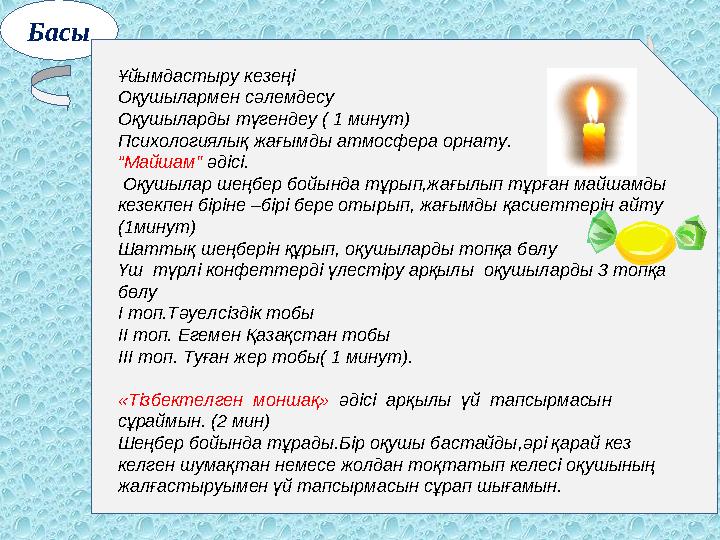 Басы Ұйымдастыру кезеңі Оқушылармен сәлемдесу Оқушыларды түгендеу ( 1 минут) Психологиялық жағымды атмосфера орнату. “Майшам
