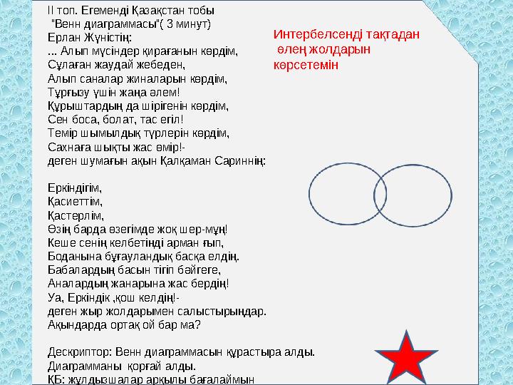 ІІ топ. Егеменді Қазақстан тобы “Венн диаграммасы”( 3 минут) Ерлан Жүністің: ... Алып мүсіндер қирағанын көрдім, Сұлаған жаудай