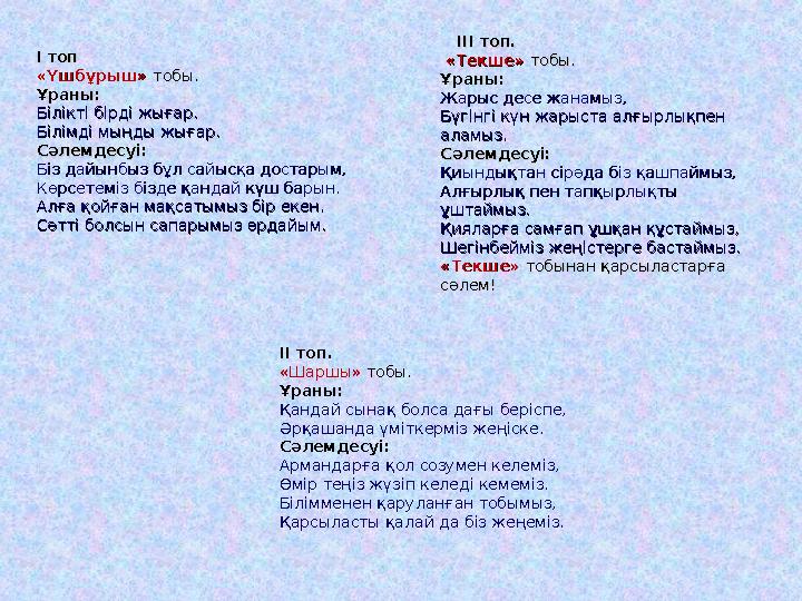 І топ І топ «Үшбұрыш» «Үшбұрыш» тобы. тобы. Ұраны:Ұраны: Білікті бірді жығар. Білікті бірді жығар. Білімді мыңды жығар. Білім