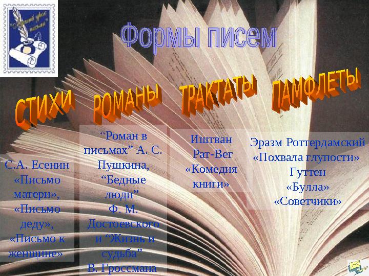 С.А. Есенин «Письмо матери», «Письмо деду», «Письмо к женщине» “Роман в письмах” А. С. Пушкина, “Бедные люди” Ф. М