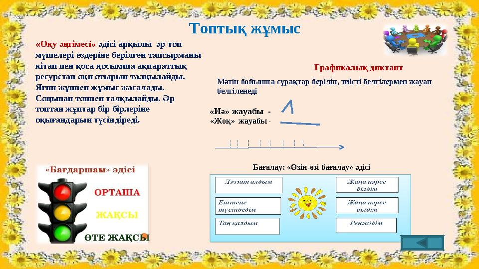 «Оқу әңгімесі» әдісі арқылы әр топ мүшелері өздеріне берілген тапсырманы кітап пен қоса қосымша ақпараттық ресурстан оқи от