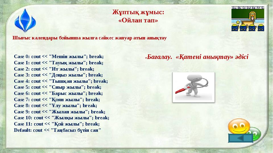 Жұптық жұмыс: «Ойлан тап» Шығыс календары бойынша жылға сәйкес жануар атын анықтау Case 0: cout << "Мешін жылы"; break; Case 1: