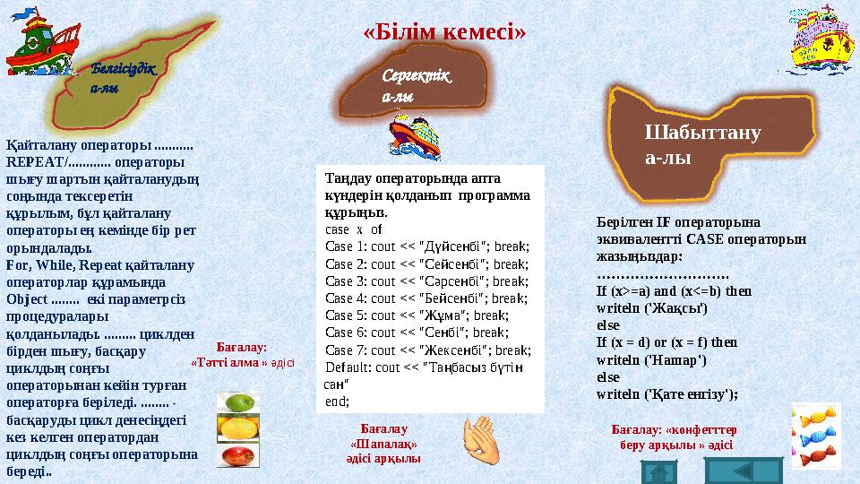 «Білім кемесі» Шабыттану а-лы Белгісіздік а-лы Сергектік а-лы Қайталану операторы ........... REPEAT/............ операторы