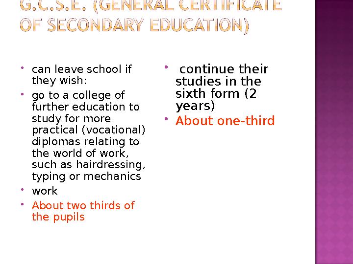  can leave school if they wish:  go to a college of further education to study for more practical (vocational) diplomas