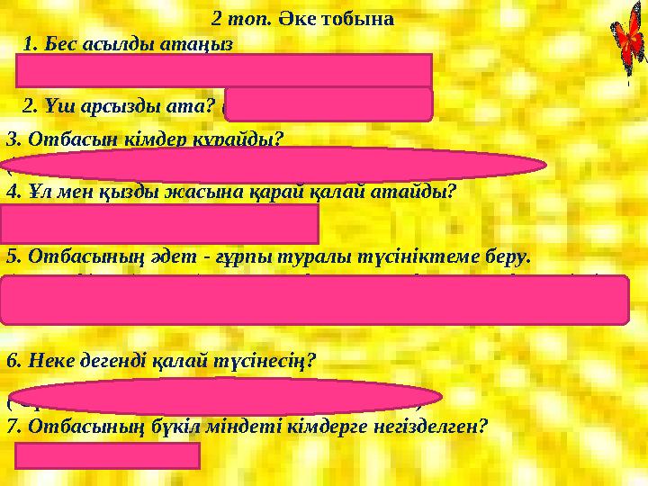 2 топ. Ә ке тобына 1. Бес асылды атаңыз (талап, еңбек, терең ой, қанағат, рақым) 2. Үш а