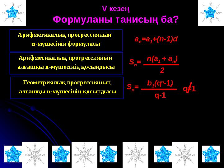 Арифметикалық прогрессияның Арифметикалық прогрессияның n-n- мүшесінің формуласымүшесінің формуласы VV кезең кезең Формуланы