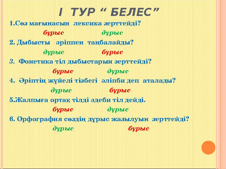 І ТУР “ БЕЛЕС” 1.Сөз мағынасын лексика зерттейді? бұрыс дұрыс 2. Дыбысты әріппен та