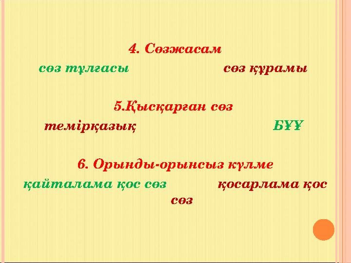 4. Сөзжасам сөз тұлғасы сөз құрамы 5.Қысқарған сөз темірқазық БҰҰ