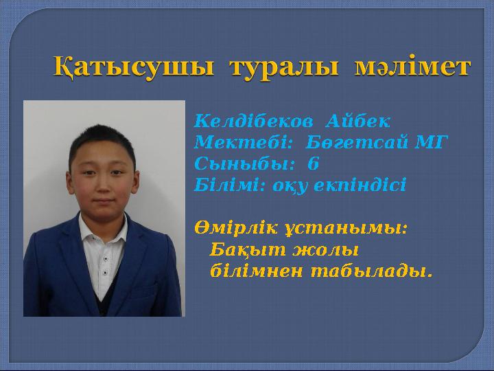 Келдібеков Айбек Мектебі: Бөгетсай МГ Сыныбы: 6 Білімі: оқу екпіндісі Өмірлік ұстанымы: Бақыт жолы білімнен табылады.