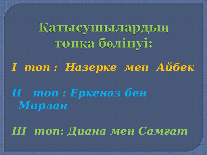І топ : Назерке мен Айбек ІІ топ : Еркеназ бен Мирлан ІІІ топ: Диана мен Самғат